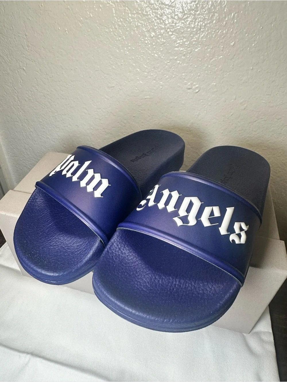 Palm Angels kids Blue Slide Sandals with White Logo (Size 2)